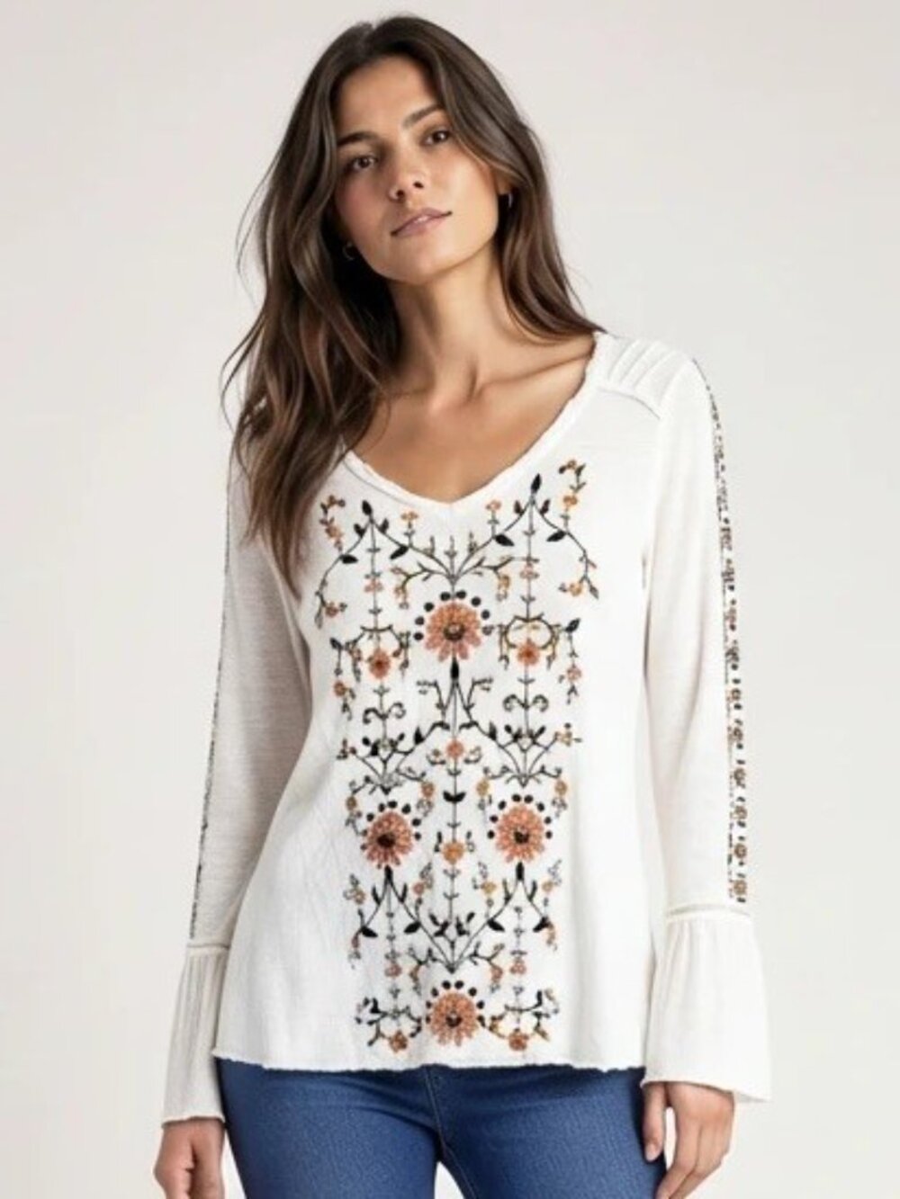 Sundance White Embroidered Floral V-Neck Boho Top Sz S Bell Sleeve Pleated Cuff